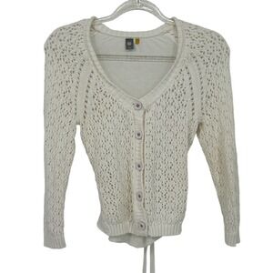 Knitted & Knotted Anthropologie Cream Pointelle Tie Back Cardigan Sweater M